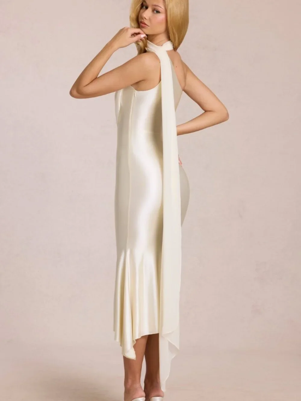 Oh Polly Cream One-Shoulder Draped Scarf Wrap